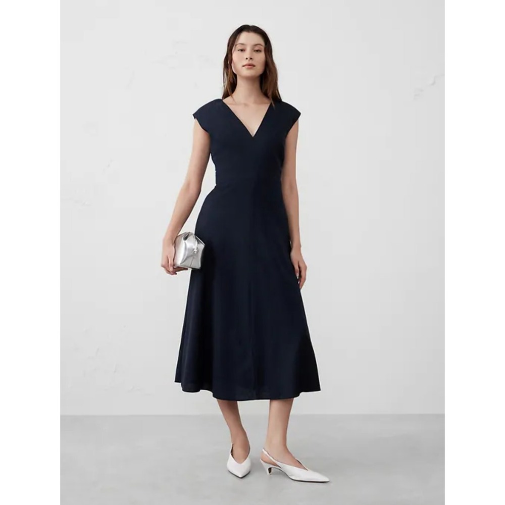New Banana Republic Dress 12 Linen Blend Wrap Midi Navy Tie Waist Fit & Flare
